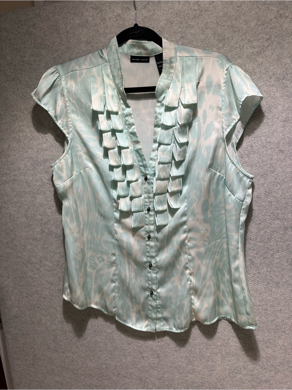 New York & Company Mint Sleeveless Ruffle-Front Button Down